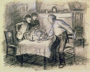 Interior con tres hombres levantándose de una mesa